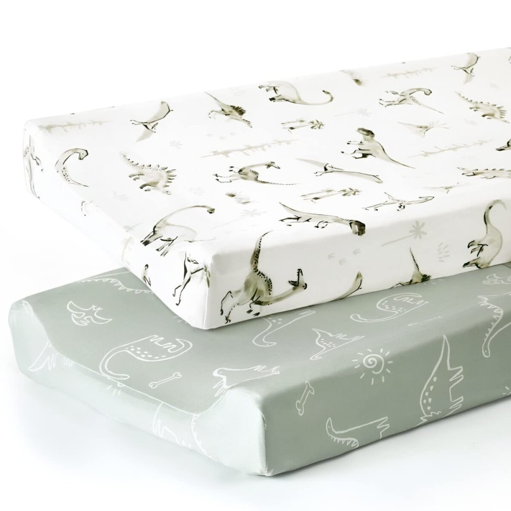 GRSSDER Stretch Ultra Soft Jersey Knit Changing Pad Cover Set 2 Pack, Change Table Pad Covers Fit 32/34 x 16 Pads Safe and Snug, Pretty Pattern for Baby, Dinosaur