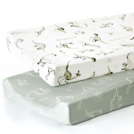 GRSSDER Stretch Ultra Soft Jersey Knit Changing Pad Cover Set 2 Pack, Change Table Pad Covers Fit 32/34 x 16 Pads Safe and Snug, Pretty Pattern for Baby, Dinosaur