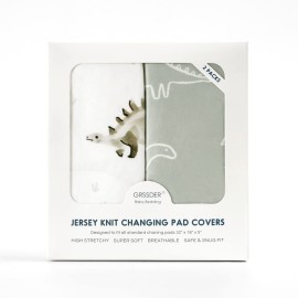 GRSSDER Stretch Ultra Soft Jersey Knit Changing Pad Cover Set 2 Pack, Change Table Pad Covers Fit 32/34 x 16 Pads Safe and Snug, Pretty Pattern for Baby, Dinosaur