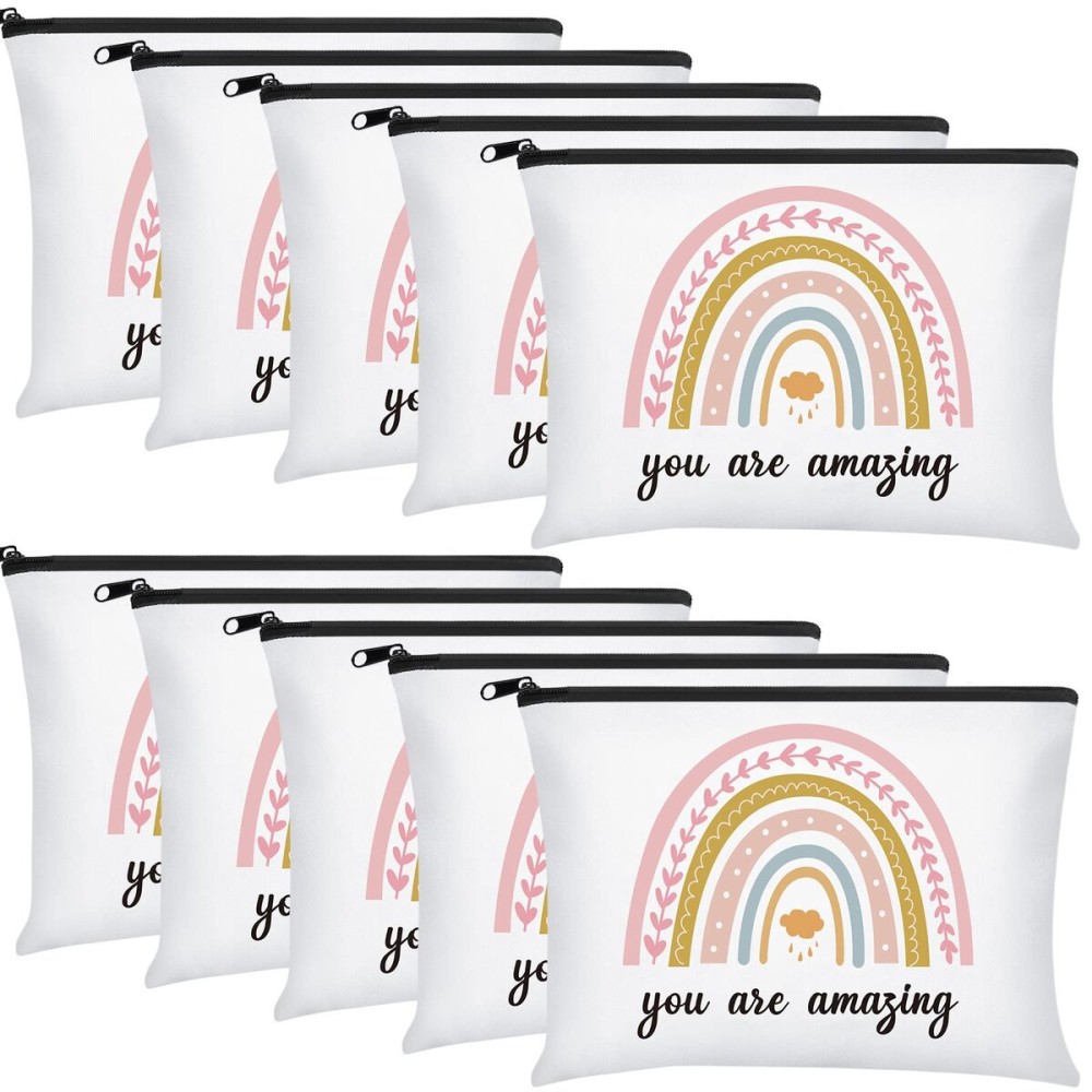 Chunful 10 Pieces Inspirational Canvas Makeup Bags for Women Graduation Gift Rainbow Canvas Cosmetic Bags Bulk with Zipper Friendship Gift Travel Toiletry Pouch(Cloud Style)