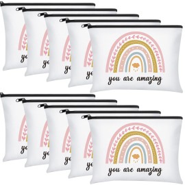 Chunful 10 Pieces Inspirational Canvas Makeup Bags for Women Graduation Gift Rainbow Canvas Cosmetic Bags Bulk with Zipper Friendship Gift Travel Toiletry Pouch(Cloud Style)