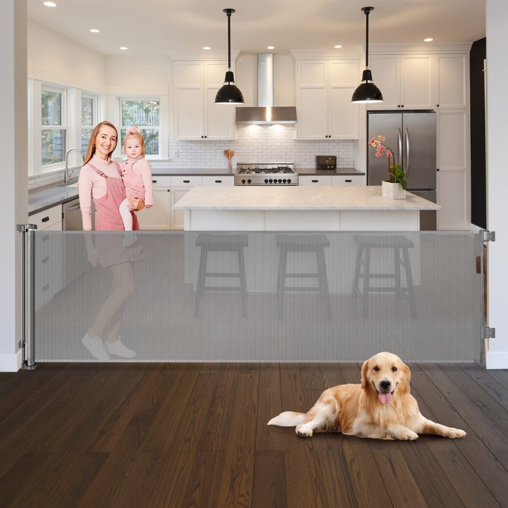 WOMHOM 140 Inch Extra Wide Baby Gate for Large Opening Outdoor Retractable Baby Gates for Doorways Extra Long Retractable Dog gate Extra Large Pet Gates for Dogs Indoor Mesh Baby Gate (Grey)