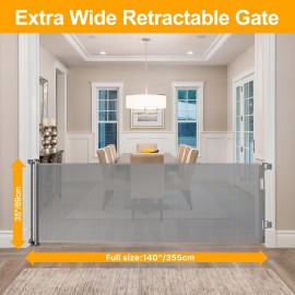 WOMHOM 140 Inch Extra Wide Baby Gate for Large Opening Outdoor Retractable Baby Gates for Doorways Extra Long Retractable Dog gate Extra Large Pet Gates for Dogs Indoor Mesh Baby Gate (Grey)