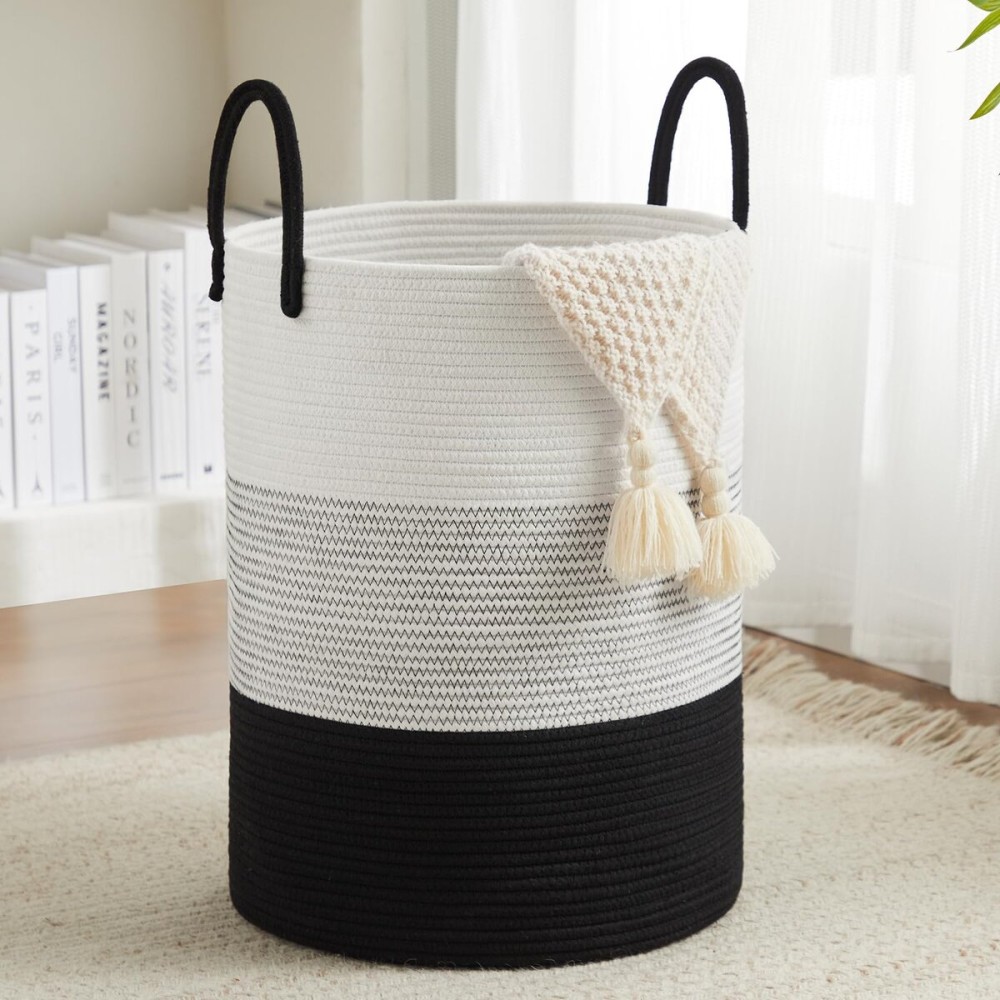 Fiona\'s magic Cotton Rope Laundry Hamper, Tall Woven Laundry Basket Storage, Baby Nursery Hamper for Blankets, Toys and Clothes Hamper for Bedroom and Living Room Organizing, 72L, Black & White