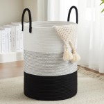 Fiona\'s magic Cotton Rope Laundry Hamper, Tall Woven Laundry Basket Storage, Baby Nursery Hamper for Blankets, Toys and Clothes Hamper for Bedroom and Living Room Organizing, 72L, Black & White