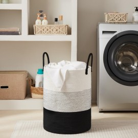 Fiona\'s magic Cotton Rope Laundry Hamper, Tall Woven Laundry Basket Storage, Baby Nursery Hamper for Blankets, Toys and Clothes Hamper for Bedroom and Living Room Organizing, 72L, Black & White