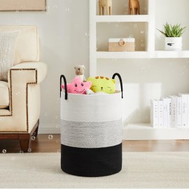 Fiona\'s magic Cotton Rope Laundry Hamper, Tall Woven Laundry Basket Storage, Baby Nursery Hamper for Blankets, Toys and Clothes Hamper for Bedroom and Living Room Organizing, 72L, Black & White