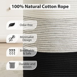 Fiona\'s magic Cotton Rope Laundry Hamper, Tall Woven Laundry Basket Storage, Baby Nursery Hamper for Blankets, Toys and Clothes Hamper for Bedroom and Living Room Organizing, 72L, Black & White