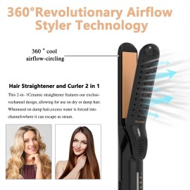 Hywestger Flat Iron Hair Straightener and Curler 2 in1 | 360 Airflow Styler Curling Iron with 80 Ionic Cooling Air Vents, 5 Adjustable Temperature Settings, 15s Fast Heating & Dual Voltage