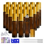 BEGIKET 24 Pack Essential Oil Roller Bottles, 10ml Amber Glass Roll-on Bottles with Stainless Steel Roller Balls and Gold Cap