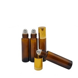 BEGIKET 24 Pack Essential Oil Roller Bottles, 10ml Amber Glass Roll-on Bottles with Stainless Steel Roller Balls and Gold Cap