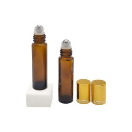 BEGIKET 24 Pack Essential Oil Roller Bottles, 10ml Amber Glass Roll-on Bottles with Stainless Steel Roller Balls and Gold Cap