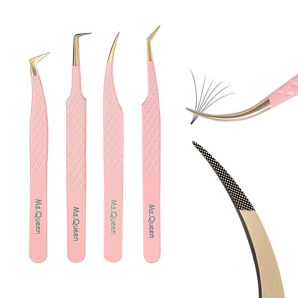 Ms.Queen Lash Tweezers for Eyelash Extensions,Precision 4Pcs Fiber Tip Grip 45 90 Degree L-Shaped Boot Curved Isolation Eyelash Tweezers Set