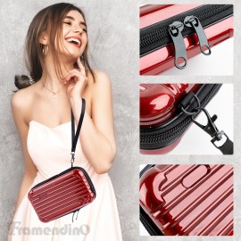 Framendino, Red Hard Shell Cosmetics Case Mini Cross Body Bag Suitcase with Detachable Grip Rope and Shoulder Strap