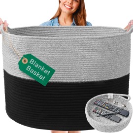 XXXXL WASHABLE 125L Extra Large Durable Soft Blanket Basket, Woven Decorative Cotton Rope Basket with Handles for Laundry, Living Room, Baby Toy Nursery Storage Organization Bin 24 x 17 (Black/Grey)