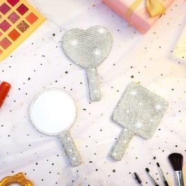 Bucherry 3 Pcs Rhinestone Hand Mirror Heart Shaped Bling Dazzling Hand Held Mirrors Square Round Shape white Cosmetic Portable Decorative Personal Makeup Mirrors for Women Wedding Gift