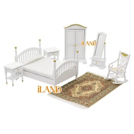 iLAND Victorian Dollhouse Furniture 1/12 Scale, Brewster Dollhouse Bedroom Furniture Set (White & Gold)
