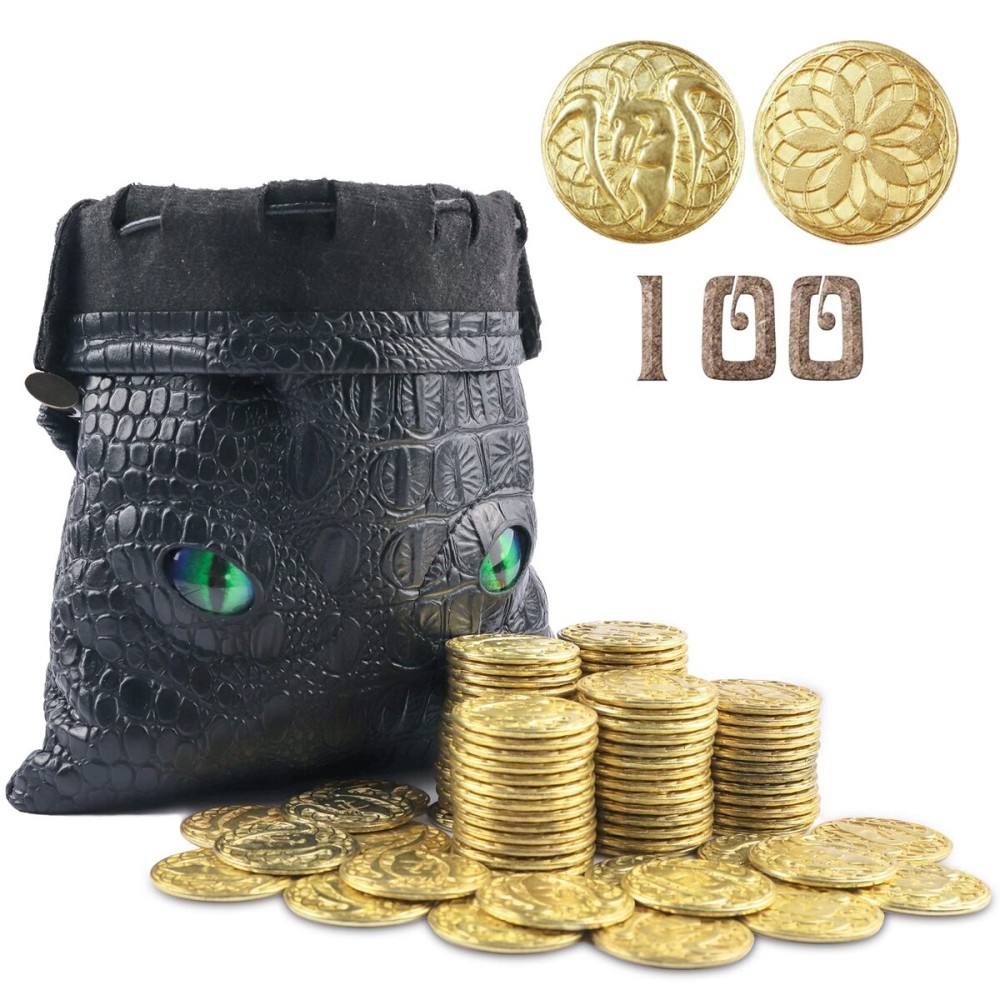 100 Metal Fantasy Coins with PU Fake Leather Pouch, Gold DND Coins for Board Game, Golden Game Tokens Store in The Coins Bag, DND Accessories for from New to Master, Retro Board Game Gifts for DM