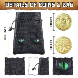 100 Metal Fantasy Coins with PU Fake Leather Pouch, Gold DND Coins for Board Game, Golden Game Tokens Store in The Coins Bag, DND Accessories for from New to Master, Retro Board Game Gifts for DM