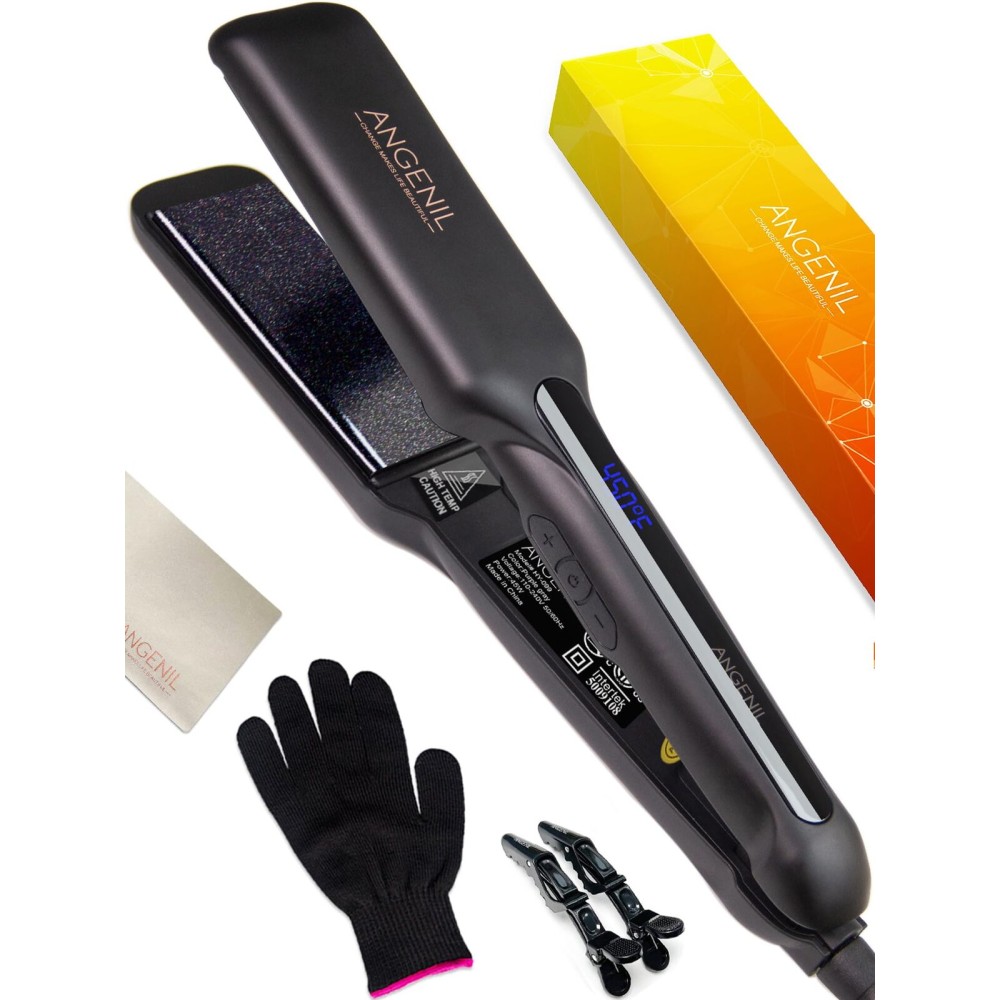 ANGENIL Tourmaline Ceramic Flat Iron Hair Straightener 1.6 inch Wide, Straightening and Curling Iron 2 in 1, Dual Voltage Hair Curler for Womens Smoother &Thick Hair, 30S Fast Heating, LCD Display