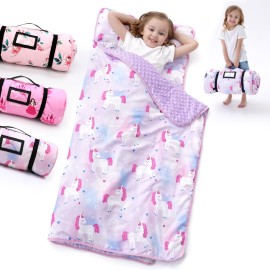 Nap Mat with Pillow Blanket Set: Purple Pink Unicorn Sleeping Mats for Toddler Kids - Thick Large Roll up Slumber Bag for Daycare Preschool Kindergarten Boys Girls