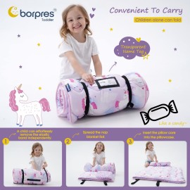 Nap Mat with Pillow Blanket Set: Purple Pink Unicorn Sleeping Mats for Toddler Kids - Thick Large Roll up Slumber Bag for Daycare Preschool Kindergarten Boys Girls