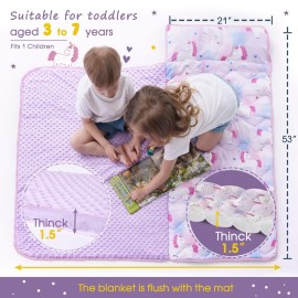 Nap Mat with Pillow Blanket Set: Purple Pink Unicorn Sleeping Mats for Toddler Kids - Thick Large Roll up Slumber Bag for Daycare Preschool Kindergarten Boys Girls