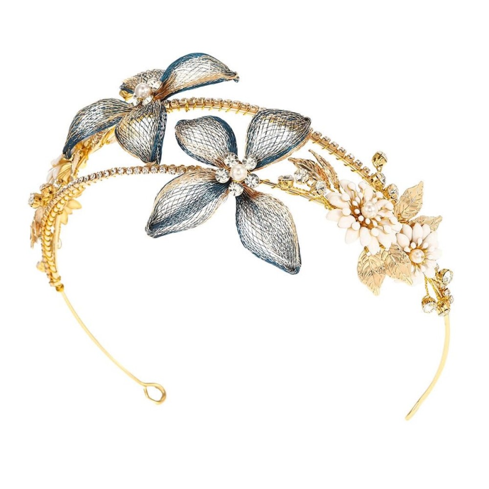 Unicra Gold Flower Bride Headband Bridal Wedding Hair Piece Rhinestone Princess Hair Accessories for Women and Girls