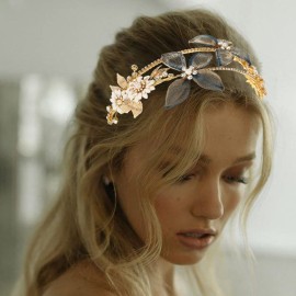 Unicra Gold Flower Bride Headband Bridal Wedding Hair Piece Rhinestone Princess Hair Accessories for Women and Girls
