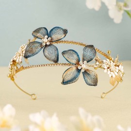 Unicra Gold Flower Bride Headband Bridal Wedding Hair Piece Rhinestone Princess Hair Accessories for Women and Girls