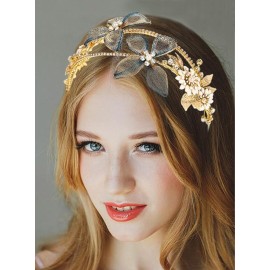 Unicra Gold Flower Bride Headband Bridal Wedding Hair Piece Rhinestone Princess Hair Accessories for Women and Girls