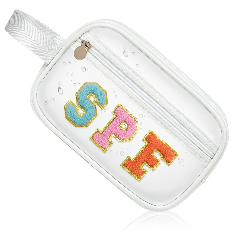 COSHAYSOO Clear SPF Makeup Bag Sunscreen Cosmetic SUN Zipper Pouch with Preppy Chenille Letter Patch, Small Beach Travel Purse Gifts for Women Teens, Cute Toiletry Make Up Traveling Stuff Organizer