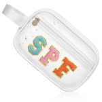 COSHAYSOO Clear SPF Makeup Bag Sunscreen Cosmetic SUN Zipper Pouch with Preppy Chenille Letter Patch, Small Beach Travel Purse Gifts for Women Teens, Cute Toiletry Make Up Traveling Stuff Organizer