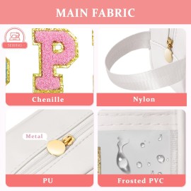 COSHAYSOO Clear SPF Makeup Bag Sunscreen Cosmetic SUN Zipper Pouch with Preppy Chenille Letter Patch, Small Beach Travel Purse Gifts for Women Teens, Cute Toiletry Make Up Traveling Stuff Organizer