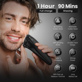 3D Rotary Shaver, Electric Razor for Men, Rechargeable with Pop-up Trimmer, 1 Hour Fast Charging, 90-Min Shaving, 3D Floating Head, LCD Power Indicator