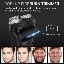 3D Rotary Shaver, Electric Razor for Men, Rechargeable with Pop-up Trimmer, 1 Hour Fast Charging, 90-Min Shaving, 3D Floating Head, LCD Power Indicator