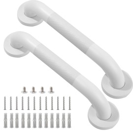 Rackickyer Shower Grab Bar, 2 Pack 12 Inch White Bathroom Grab Bar, 1.25 Diameter 304 Stainless Steel Anti-Slip Grab Bars for Bathtubs and Showers, Handicap Shower Grab Bar for Seniors Elderly