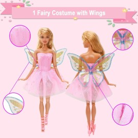 15 Set Doll Clothes Includes 1 Fairy Dress with Wing 1 Long Evening Dress 2 Sequin Dresses 6 Outfits Tops Pants Skirts 6 Fashion Dresses for 11.5 Inch Girl Dolls