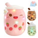 Athoinsu Light Up Strawberry Boba Tea Soft Plush Pillow 10\'\' Kawaii Milky Tea Stuffed Bubble Animal Toy with LED Lights Birthday Christmas Holiday Valentines Gifts for Kids,Girls,Boys