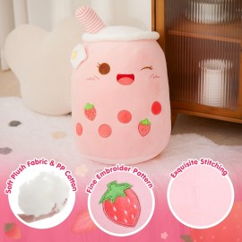 Athoinsu Light Up Strawberry Boba Tea Soft Plush Pillow 10\'\' Kawaii Milky Tea Stuffed Bubble Animal Toy with LED Lights Birthday Christmas Holiday Valentines Gifts for Kids,Girls,Boys