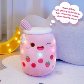 Athoinsu Light Up Strawberry Boba Tea Soft Plush Pillow 10\'\' Kawaii Milky Tea Stuffed Bubble Animal Toy with LED Lights Birthday Christmas Holiday Valentines Gifts for Kids,Girls,Boys