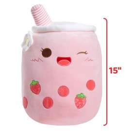 Athoinsu Light Up Strawberry Milky Tea Plush Pillow 15\'\' Kawaii Stuffed Bubble Animal Toy with LED Lights Birthday Christmas Holiday Valentines Gifts for Kids,Girls,Boys