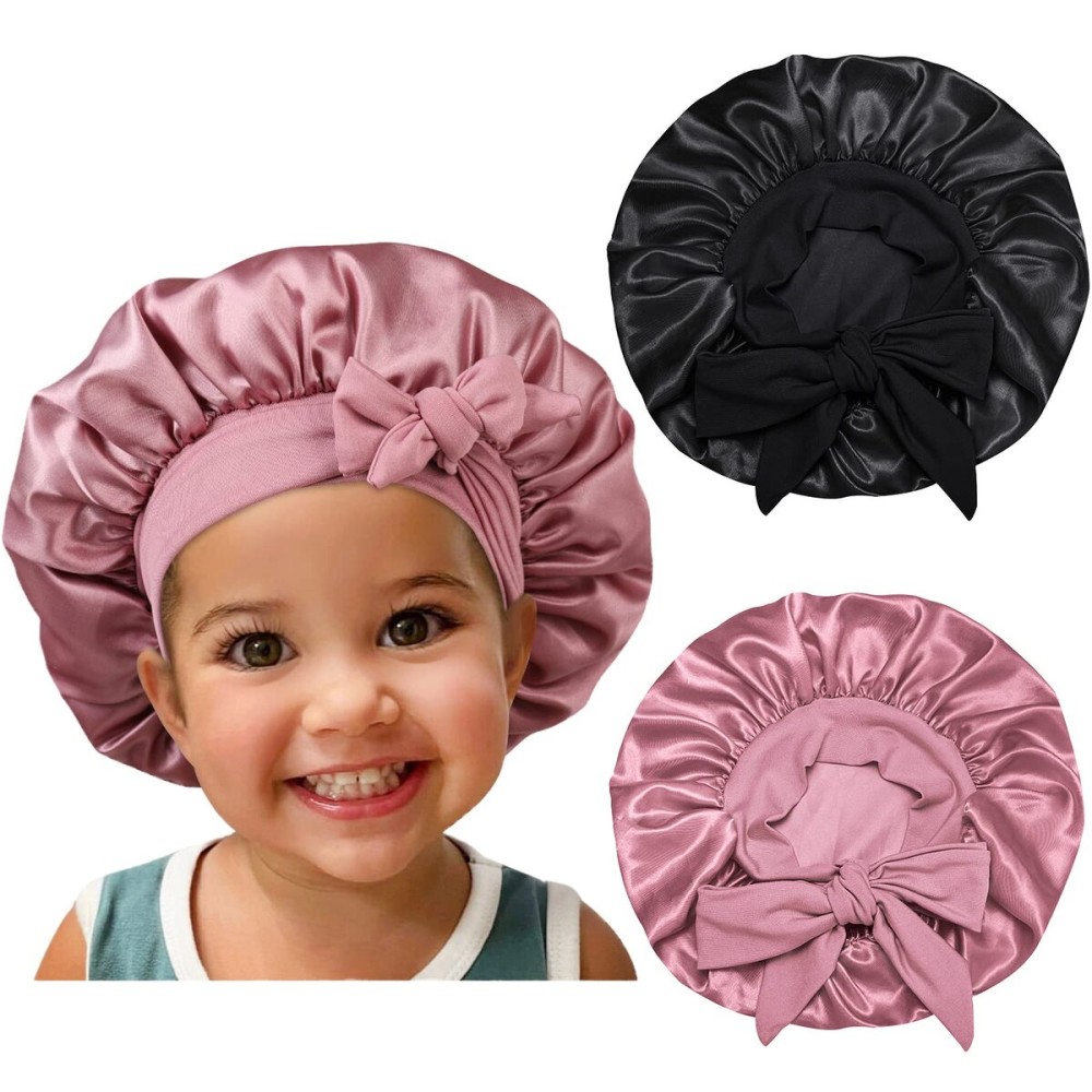 Satin Silk Bonnet Hair Cap: 2pcs Bonnets For Kids with Elastic Tie Band Adjustable Straps for Sleeping Sleep Comfortable - Stretchy Tie Band Hair Bonnets No Slip-Off (Black-RoseGold-K) Satin Silk Bonnet Hair Cap: 2pcs Bonnets For Kids with Elastic Tie Band Adjustable Straps for Sleeping Sleep Comfortable - Stretchy Tie Band Hair Bonnets No Slip-Off (Black-RoseGold-K)