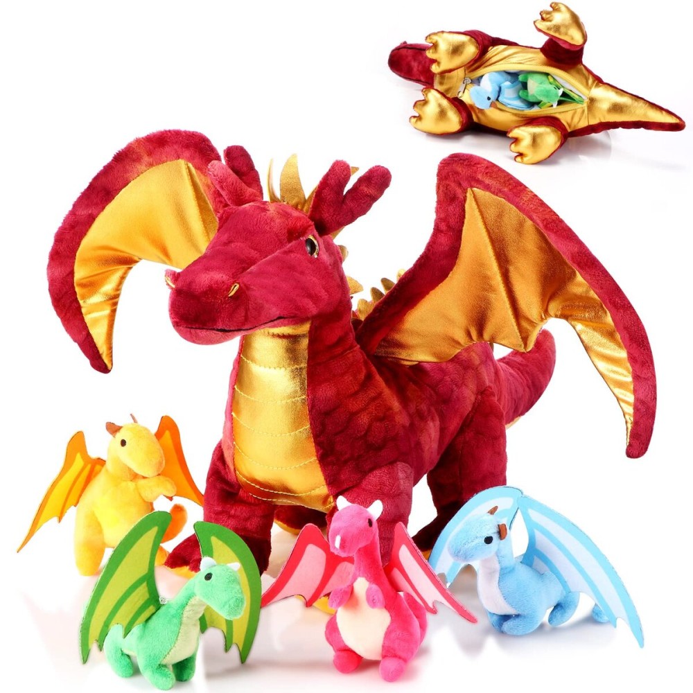 Lenwen 5 Pcs Dragon Plush Toys 16 Inch Stuffed Mommy Dragon Plush with 4 Babies in Zippered Belly for Kids Boys Girls Birthday Gifts Party Decoration Classroom Award