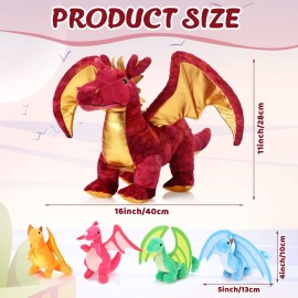 Lenwen 5 Pcs Dragon Plush Toys 16 Inch Stuffed Mommy Dragon Plush with 4 Babies in Zippered Belly for Kids Boys Girls Birthday Gifts Party Decoration Classroom Award