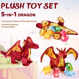 Lenwen 5 Pcs Dragon Plush Toys 16 Inch Stuffed Mommy Dragon Plush with 4 Babies in Zippered Belly for Kids Boys Girls Birthday Gifts Party Decoration Classroom Award
