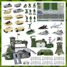 deAO Military Base Set, Army Men Playset with Military Vehicle,Weapon Gear Accessories,Vehicles Accessories and Play Map,Great Army Toys for 3 4 5 Year Old Boys Girls Kids
