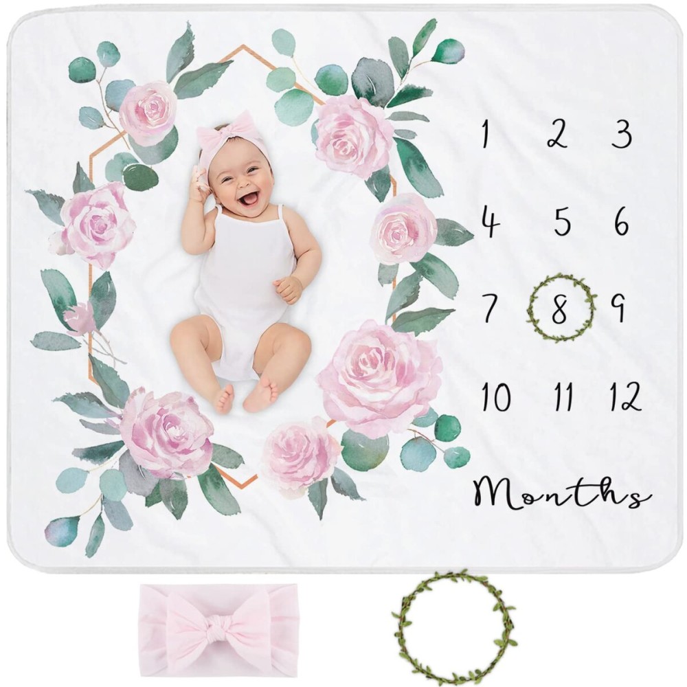 Baby Monthly Milestone Blanket for Baby Girl, Newborn Age Months Blanket Photo Prop with Growth Chart, Floral Wreath & Headband