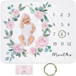 Baby Monthly Milestone Blanket for Baby Girl, Newborn Age Months Blanket Photo Prop with Growth Chart, Floral Wreath & Headband