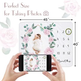 Baby Monthly Milestone Blanket for Baby Girl, Newborn Age Months Blanket Photo Prop with Growth Chart, Floral Wreath & Headband